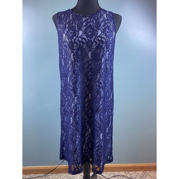 Unbranded Dresses & Skirts - Navy‎ Blue Floral Lace Sleeveless Shift Dress Round Neck Midi Elegant Cocktail